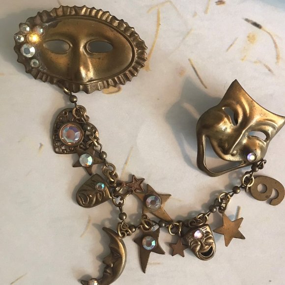 KIRK’S FOLLY Vintage ‘Drama Masks’ Whimsical Brooch with Aurora Borealis Crystal - Picture 4 of 5
